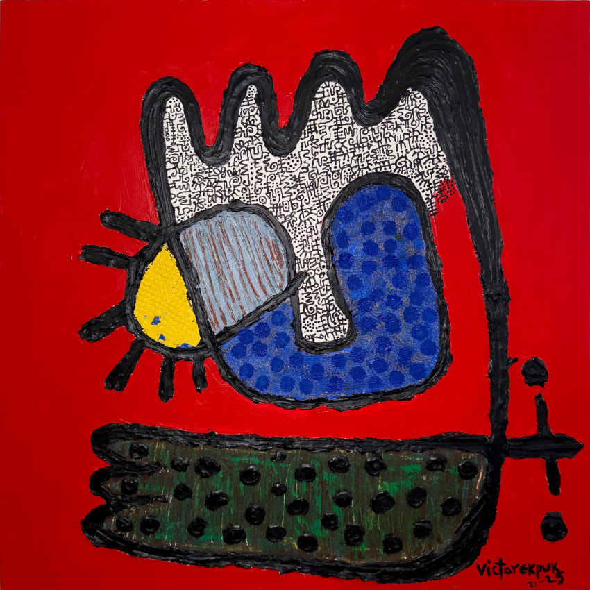 Abstract painting with red, blue, green white, black and yellow