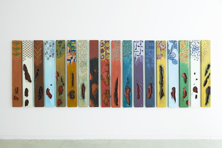 Peju Alatise,&nbsp;Lost,&nbsp;2015,18 mixed media panels, 60 x 8 in each