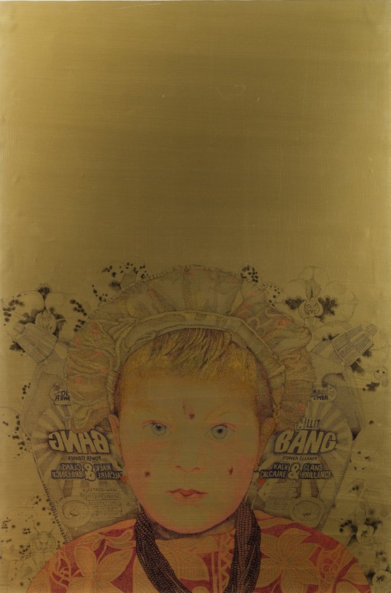 Faiza Butt, Icon 2,&nbsp;2018,&nbsp;Ink on polyester film coated in gold pigment, 41 x 28 in