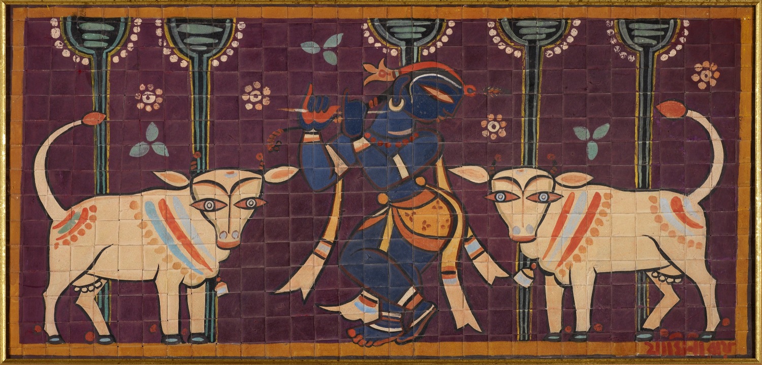 Jamini Roy, Untitled (Krishna and Cows), Tempera on natural fibres, 18.7 x 37.79 in