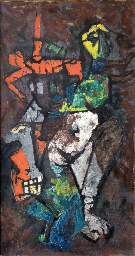 Husain painting that shows a circus figure with a  yellow face on a brown background