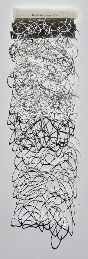 Youdhisthir Maharjan, Melody Lingers On, 2017, Acrylic on hand-cut book pages, 15.5 x 5.5 in