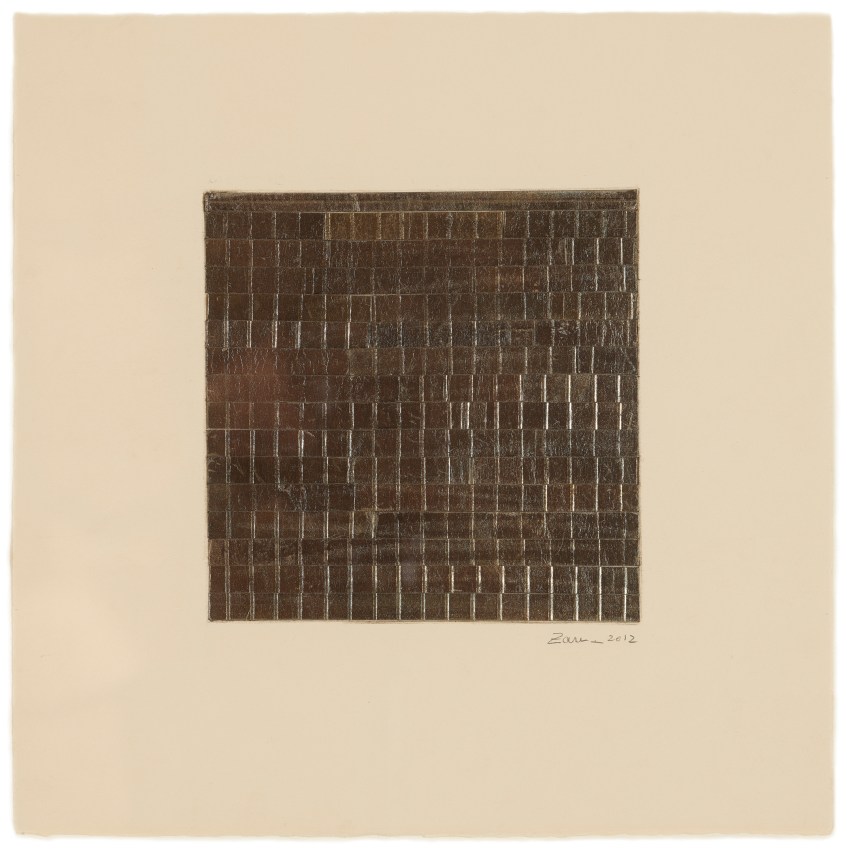 Abstract collage with pewter leaf on etching mounted on Arches cover buff paper