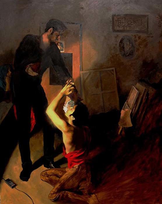 Salman Toor,&nbsp;Posing for a Baroque Scene in My Studio,&nbsp;2009,&nbsp;Oil on canvas, 60 x 48 in