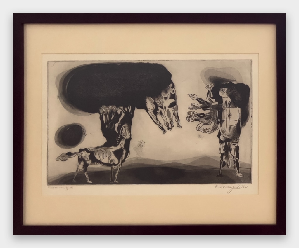 print of an animal human tree hybrid in a landscape