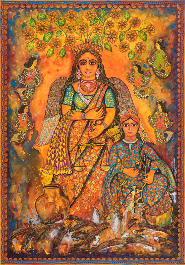 Jayasri Burman, Born of Fire, 2017, Mixed media on paper, 84 x 60 in