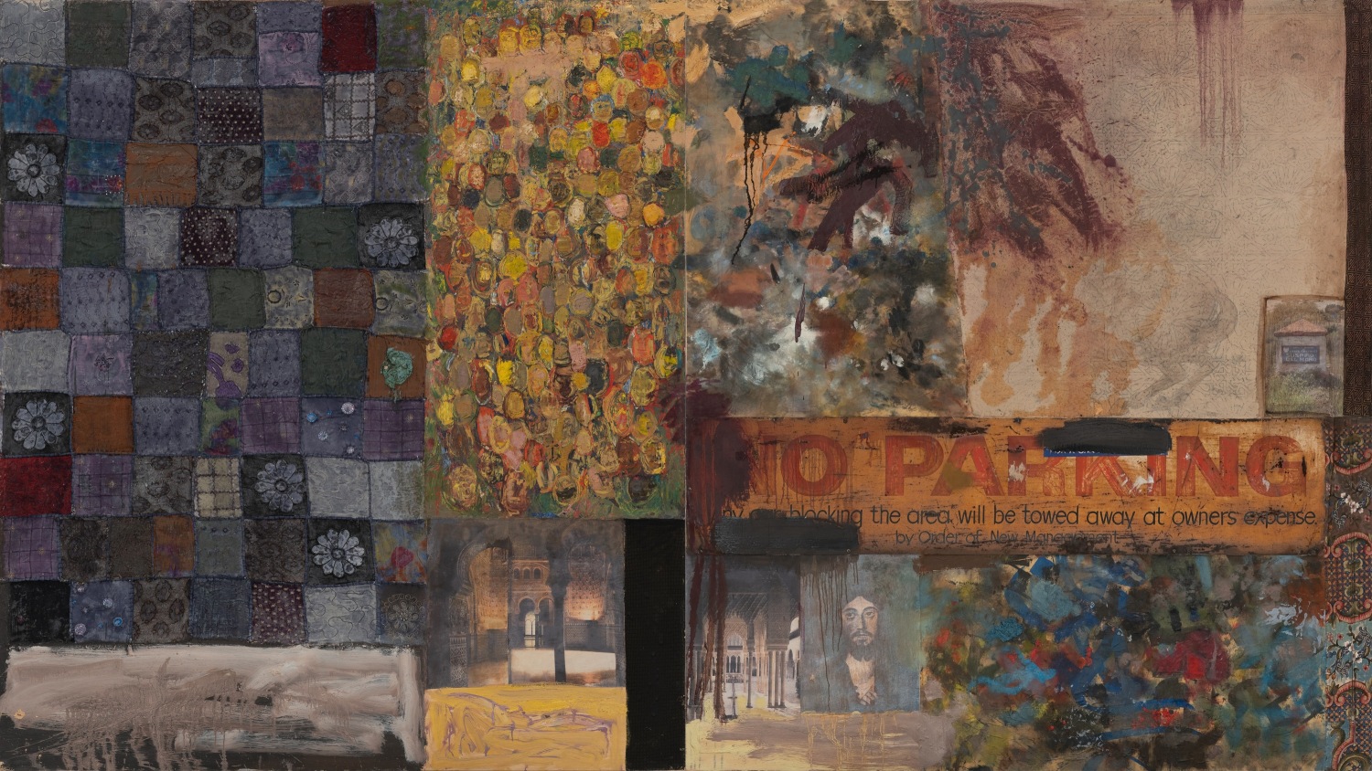 Mohammad Omer Khalil , The Moor&#039;s Last Sigh,&nbsp;2010-11,&nbsp;Oil and collage on board,&nbsp;71.25 x 126.75 in