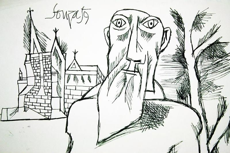 F. N. Souza,&nbsp;Untitled (Wiseman In Front of Church),&nbsp;1959,&nbsp;Graphite on archival paper,&nbsp;8 x 13 in, &nbsp;
