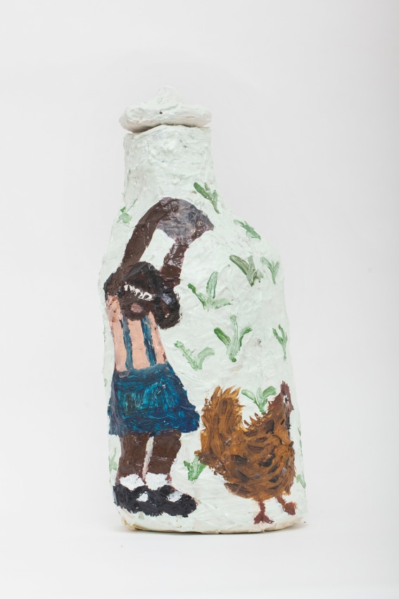 Sculpture of a vessel with a young person and a chicken