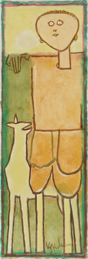 K. S. Kulkarni,&nbsp;Man and Goat, 1973, Acrylic on canvas, 44 x 17 in
