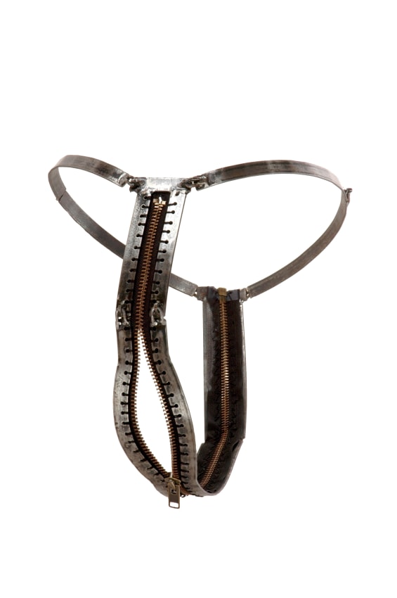 Naiza Khan, Chastity Belt I,&nbsp;2007, Metal and fabric zip,&nbsp;14 x 12 x 12 in