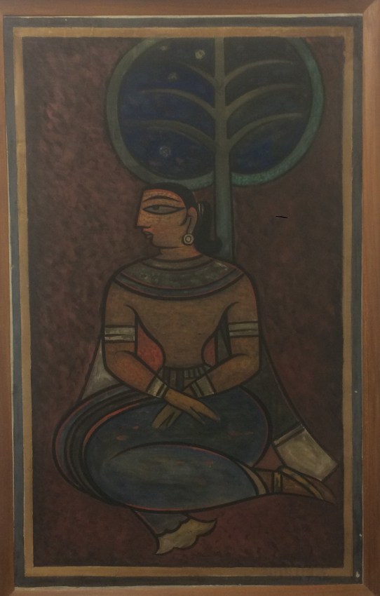 Jamini Roy, Untitled (Seated Woman), Tempera on cloth pasted on board, 30.5 x 19 in