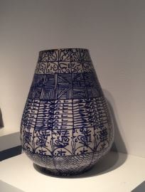 Rachid Koraichi, From the series Les Sept Stations Celestes 13, 2017, Soft-paste porcelain, blue and white oxide, 12 x 8 x 8 in