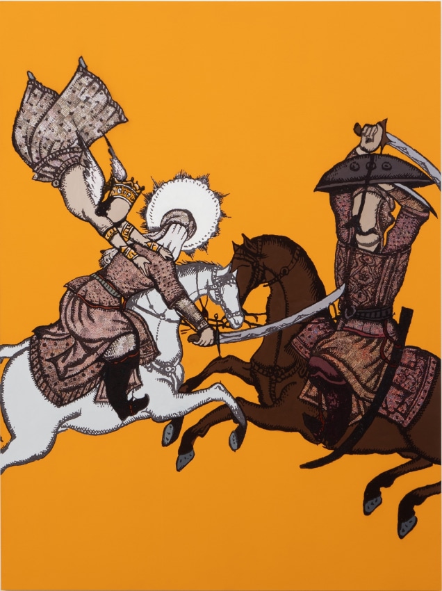 Saad Qureshi,&nbsp;Intervention from Above, 2021,&nbsp;Acrylic, ink, paper on birch plywood, 78.74 x 59.1&nbsp;in