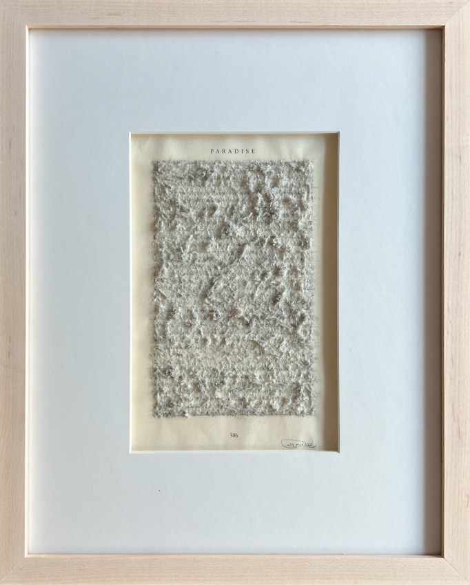 Youdhisthir Maharjan, Paradise, 2017, Scrapped text on reclaimed book page, 9.25 x 6 in