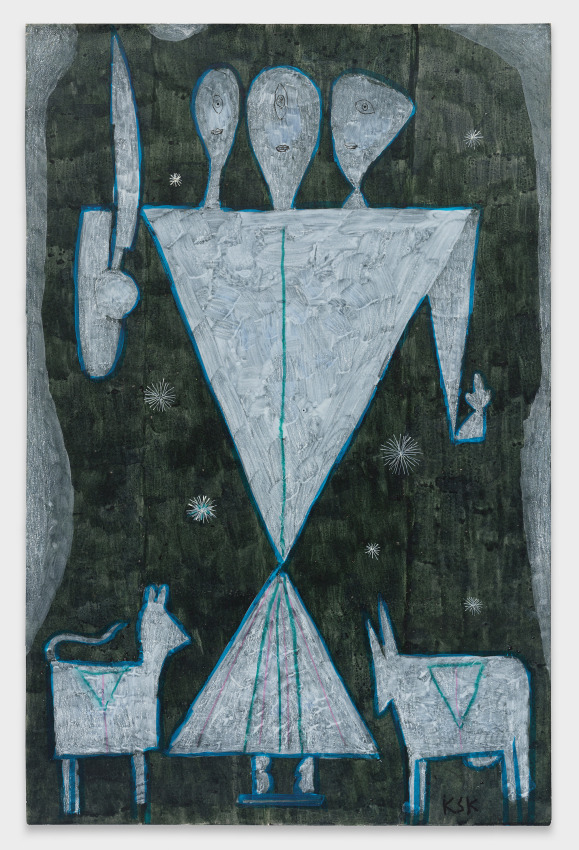 Three-headed figure holding a sabre with a donkey and a goat