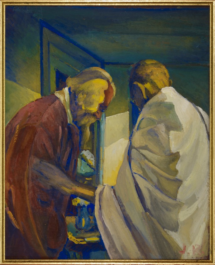 Jamini Roy, Untitled (Tagore and Gandhi), Tempera on board, 14.9 x 11 in