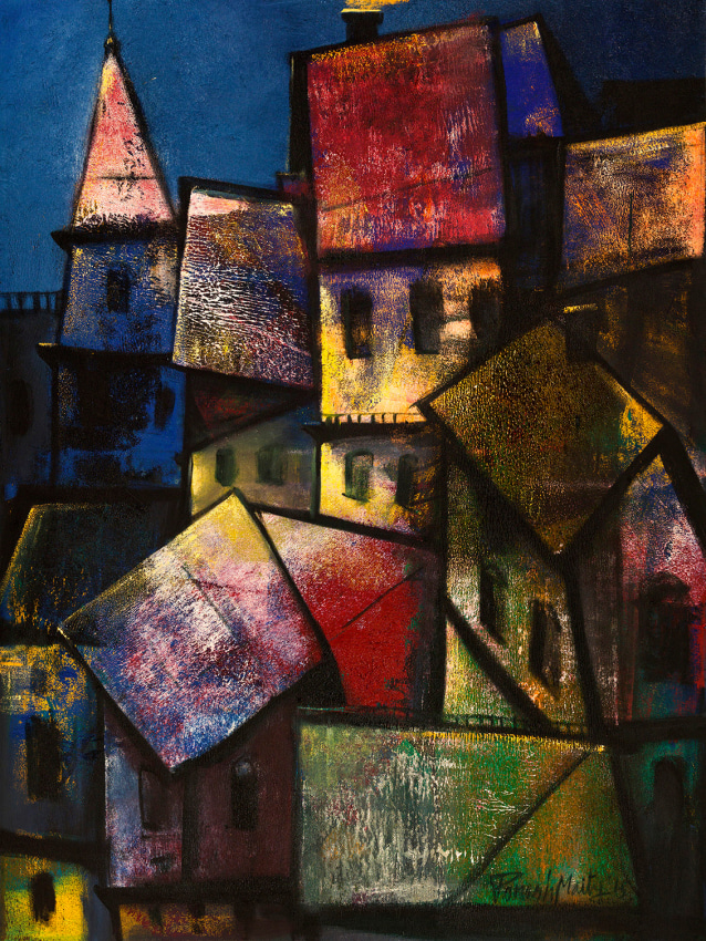 Colorful city scape with lots of paint texture