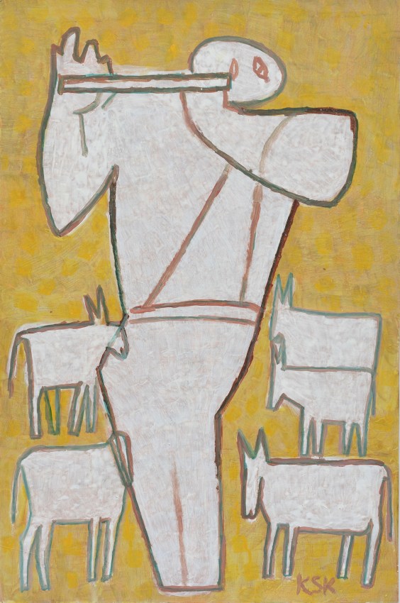 K.S. Kulkarni,&nbsp;Krishna and Cows, Acrylic on paper, 31.50 x 21 in
