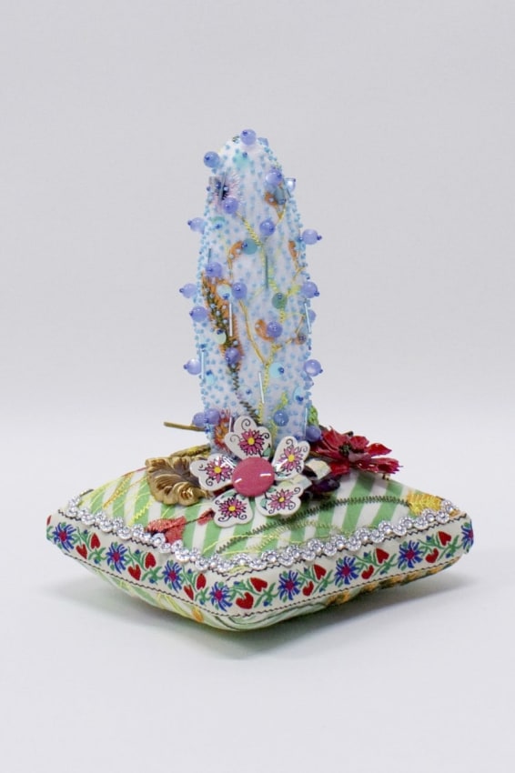 Max Colby,&nbsp;Milk, 2018, Crystal and plastic beads and sequins, found fabric, trim, fabric flowers, ribbon, costume jewelry, polyester batting, thread, 9.5 x 6.5 x 6.5 in (24.13 x 16.51 x 16.51 cm)