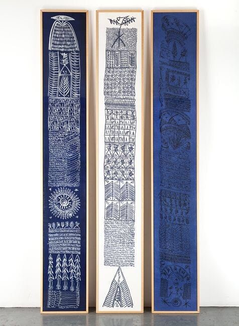 Rachid Koraichi, From the series Les Sept Variations Indigo, 2002, Serigraphy on Aleppo silk, ink, and paint, 126 x 19 in