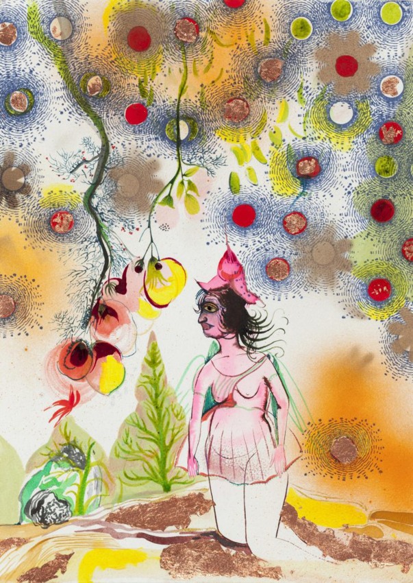 Rina Banerjee, Unthinkable skirt,&nbsp;2015,&nbsp;Ink, acrylic, gold and copper on paper,&nbsp;14 x 10 in