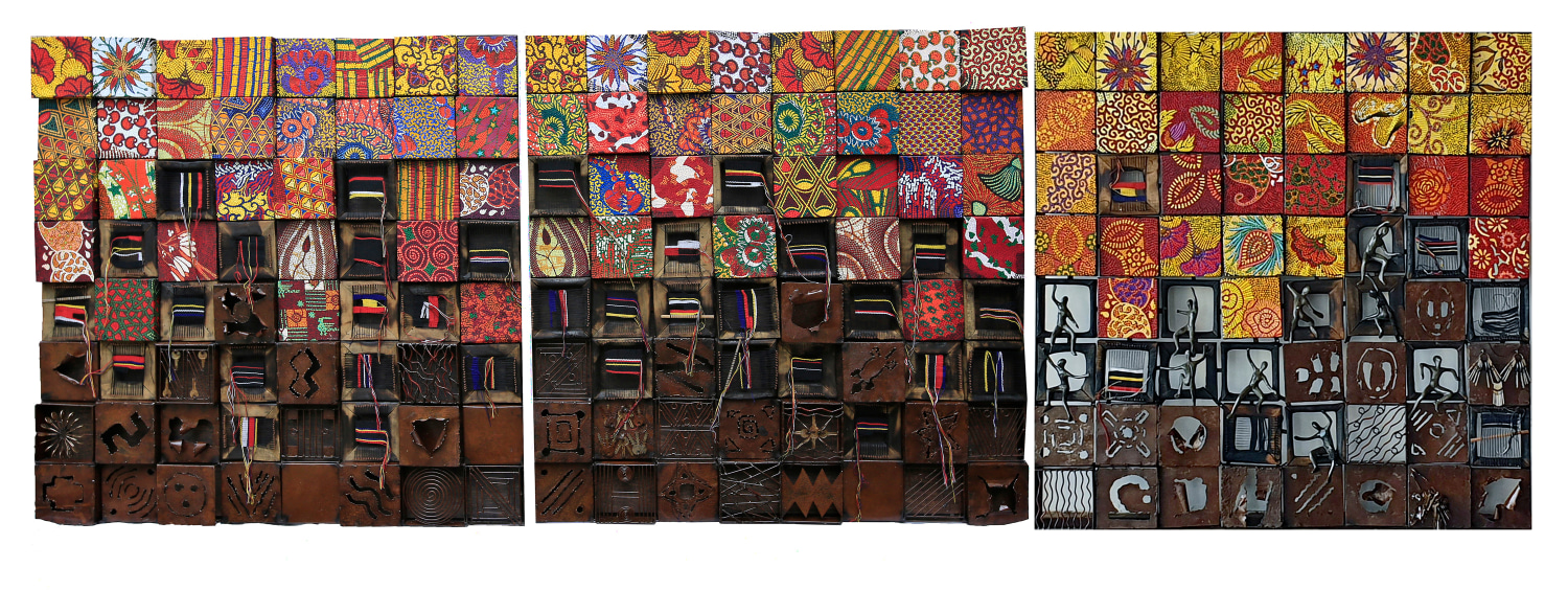 Peju Alatise, Death and the King&#039;s Alaso Ofi (Part 2) I, II, III,&nbsp;2018,&nbsp;Metal, stone cast, wood and acrylic on canvas,&nbsp;50 x 50 in each