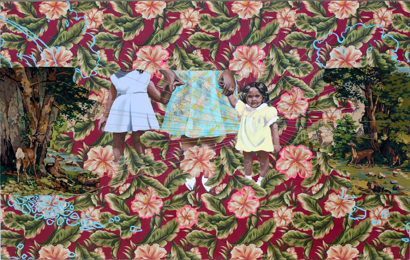 Suchitra Mattai,&nbsp;My life is not my own,&nbsp;2019,&nbsp;Gouache, found needlepoint, and embroidery floss on fabric, 48 x 76 in