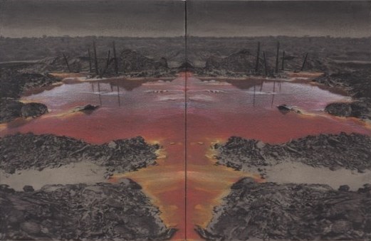 Saad Qureshi, Butterfly Effect, 2018, Mixed media including wood ash, black sand, charcoal, colored pencil on Birch plywood, 25 x 39 in