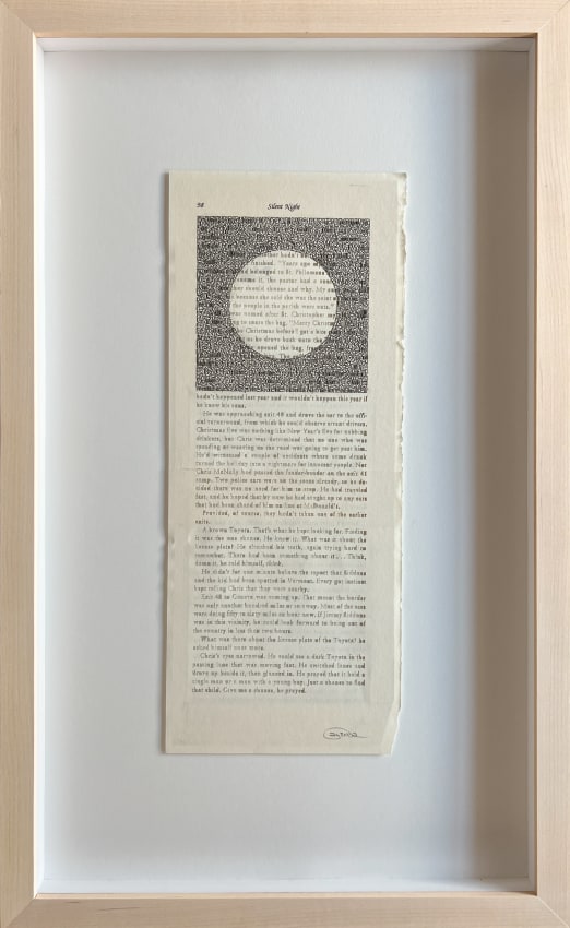 Youdhisthir Maharjan, Silent Night, 2017, Hand-cut text collage on reclaimed book pages, 13.5 x 5.5 in