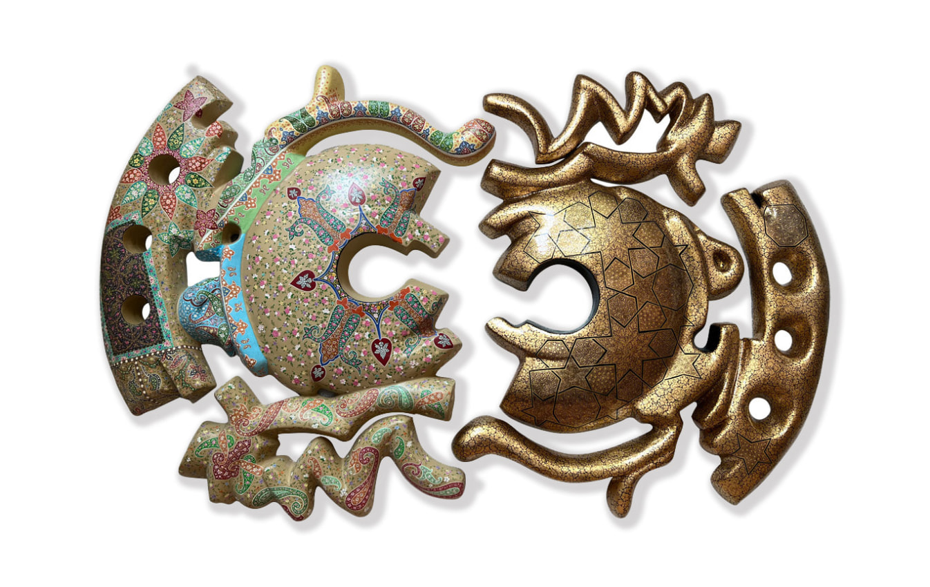 Veer Munshi, Healing Wounds Series cuttout shrapnel style wood and paper mache wall sculpture