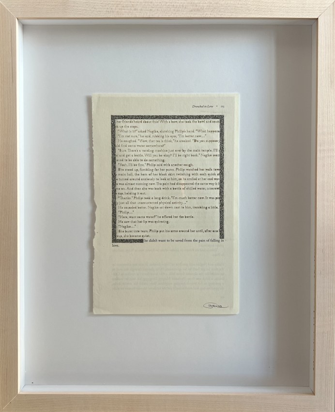 Youdhisthir Maharjan, Drenched in Love, 2018, Hand-cut text collage on reclaimed book pages, 9 x 6 in