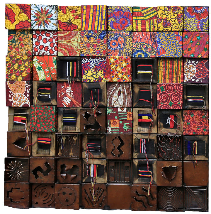 Peju Alatise, Death and the King&#039;s Alaso Ofi (Part 2) I,&nbsp;2018, Metal, stone cast, wood and acrylic on canvas, 50 x 50 in