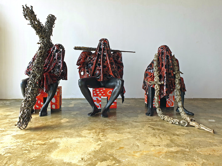 Peju Alatise, Lagbaja, Tamedu ati Ogbeni (Anybody, Nobody, Somebody) I, II, III,&nbsp;2019,&nbsp;Metal, wood, glass beads, resin and stone cast, Life-size seated figures, dimensions variable