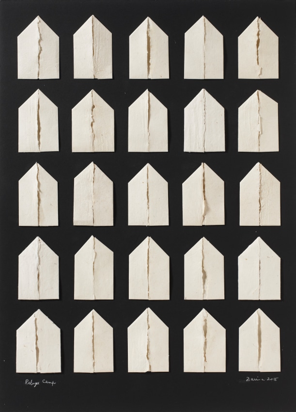 Abstract collage with Indian handmade paper on printed black BFK light paper