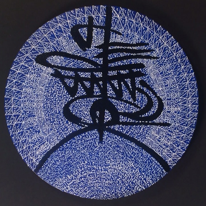 Abstract painting with blue and white patterns with black thick strokes