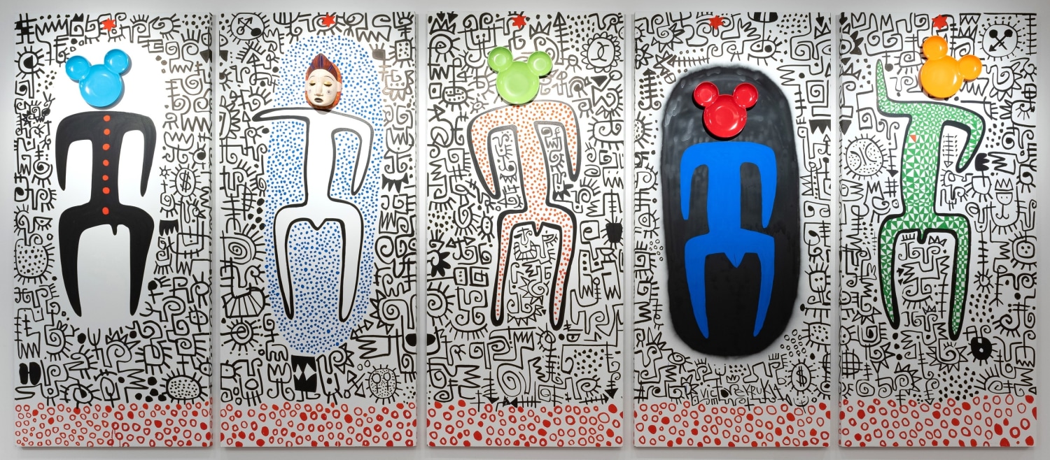 Victor Ekpuk, Mickey On Broadway, 2014,&nbsp;Found objects on wood panels, 5 panels, 84 x 36 in each (213.4 x 91.4 cm each), EKPVI003