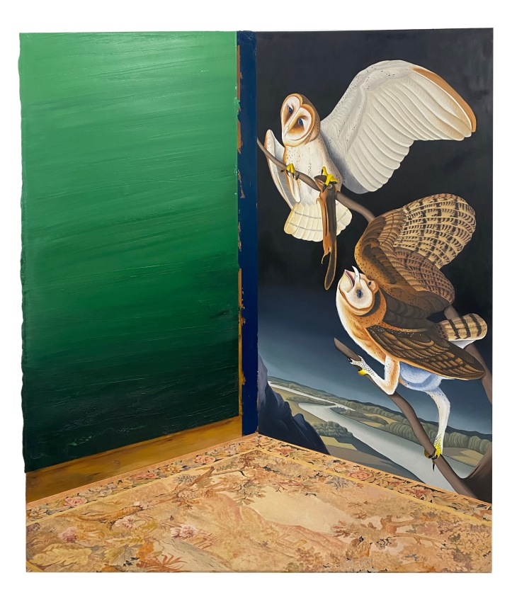 Painting of a corner, left side is green, right side has two owls, floor is an oriental rug