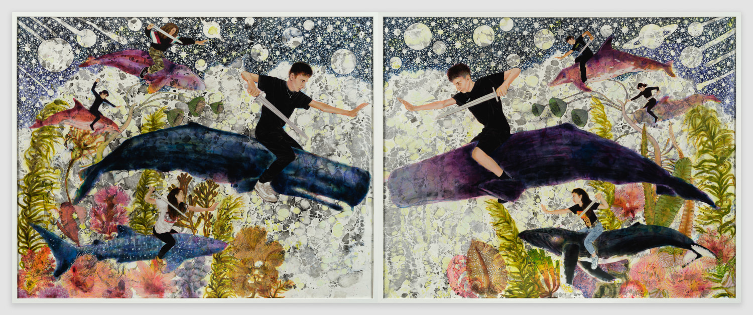 Faiza Butt, The Eternal Playground,&nbsp;2019,&nbsp;Acrylic glazes on marble paper,&nbsp;48 x 120 in (diptych)