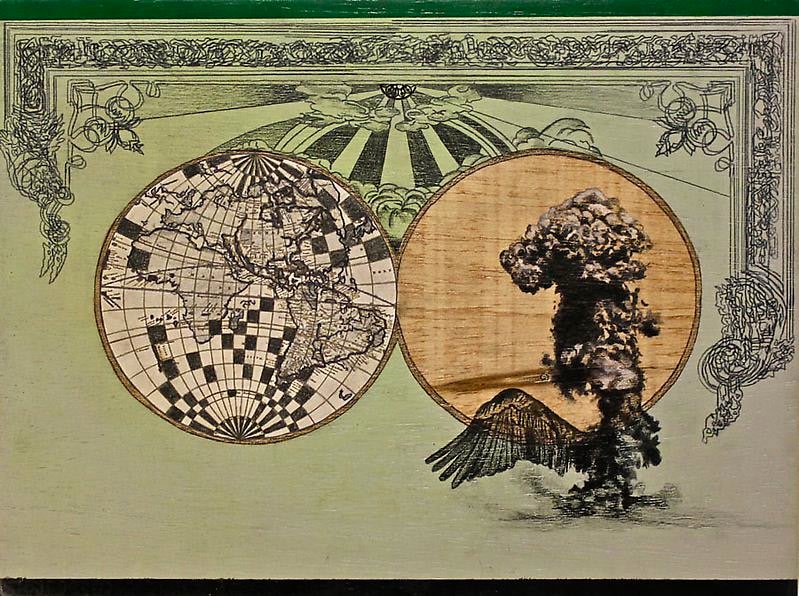 Saad Qureshi,&nbsp;Another Fall,&nbsp;2012,&nbsp;Oil paint, spray paint, wax pencil on wood, 8 x 12 in