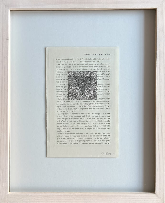 Youdhisthir Maharjan, The Prayer of Quiet, 2017, Hand-cut text collage on reclaimed book pages, 9 x 5.75 in