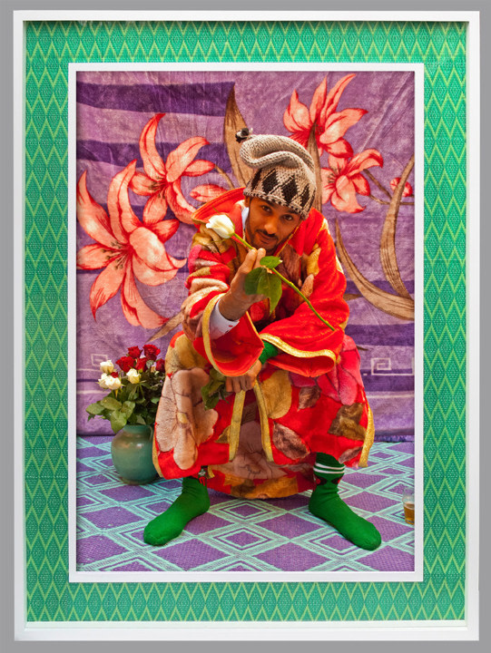 Hassan Hajjaj, Hack,&nbsp;2011,&nbsp;Metallic lambda print on dibond with wood and textile,&nbsp;53 x 37 in