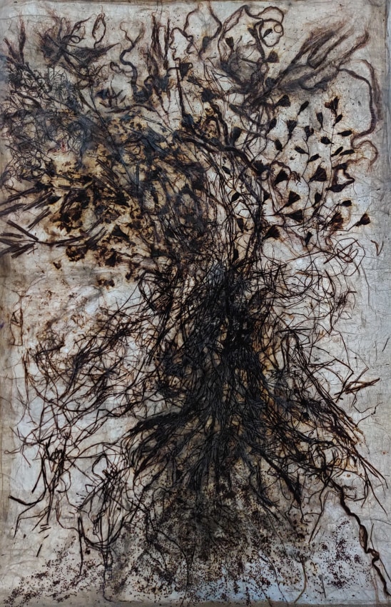 Jayashree Chakravarty,&nbsp;Terra firma,&nbsp;2020,&nbsp;Dry flowers, roots, jute, seeds, tea leaves, acrylic paint, cotton fabric, Nepali paper, thin tissue paper, synthetic glue,&nbsp;94.75 x 64.25 in