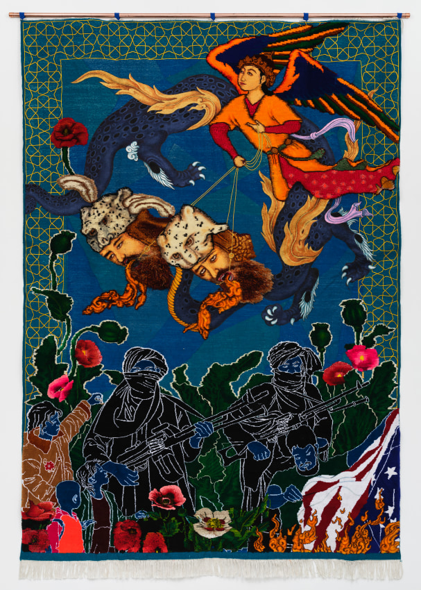 Khadim Ali, Tell Us, You Tell Us,&nbsp;2020,&nbsp;Hand-woven wool rug,&nbsp;112.5 x 79.5 in