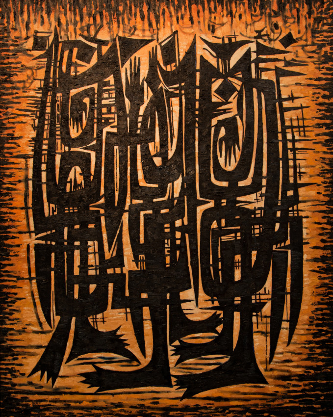 Abstract painting with brown, black and abstract figures in the middle with black strokes