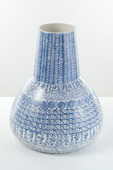 Rachid Koraichi, From the series Les Sept Stations Celestes,&nbsp;2018, Soft-paste porcelain, blue and white oxide, 20 x 16 x 16 in