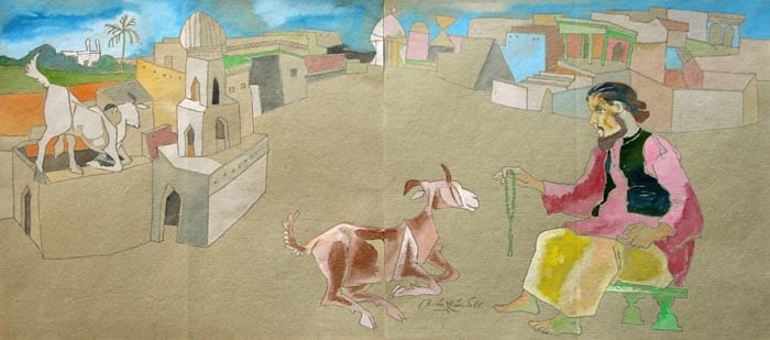 Laxma Goud,&nbsp;Man with Prayer Beads,&nbsp;Watercolor on paper,&nbsp;8.5 x 18.5 in, &nbsp;