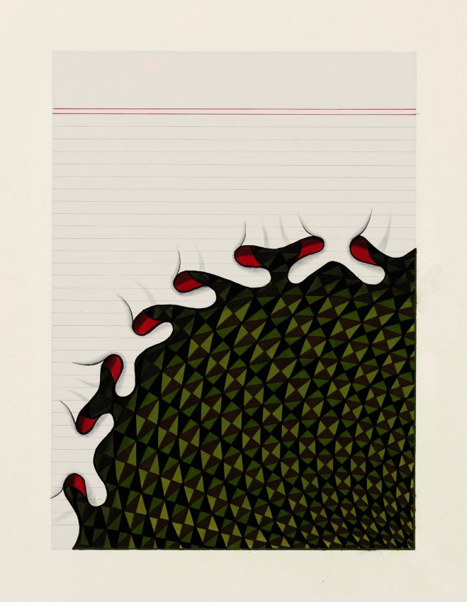 Painting of a hole with a geometric vortex on wasli paper