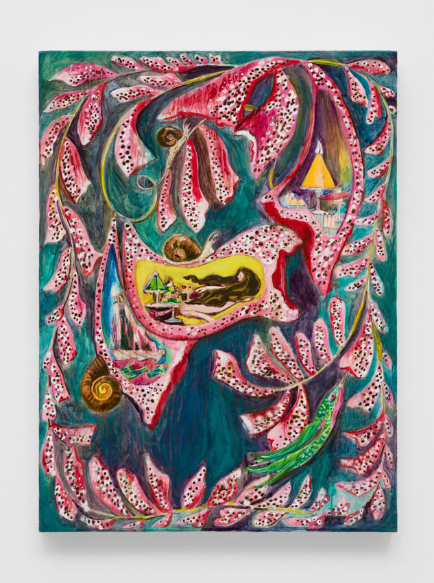 Painting of a woman inside a foxglove flower