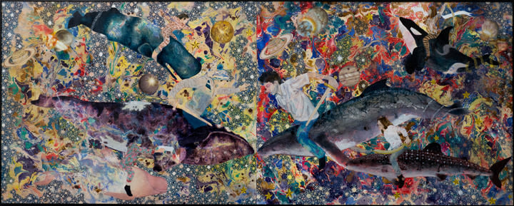 Faiza Butt, My Love Plays in Heavenly Ways,&nbsp;2018,&nbsp;Acrylic glazes on marble paper,&nbsp;48 x 120 in